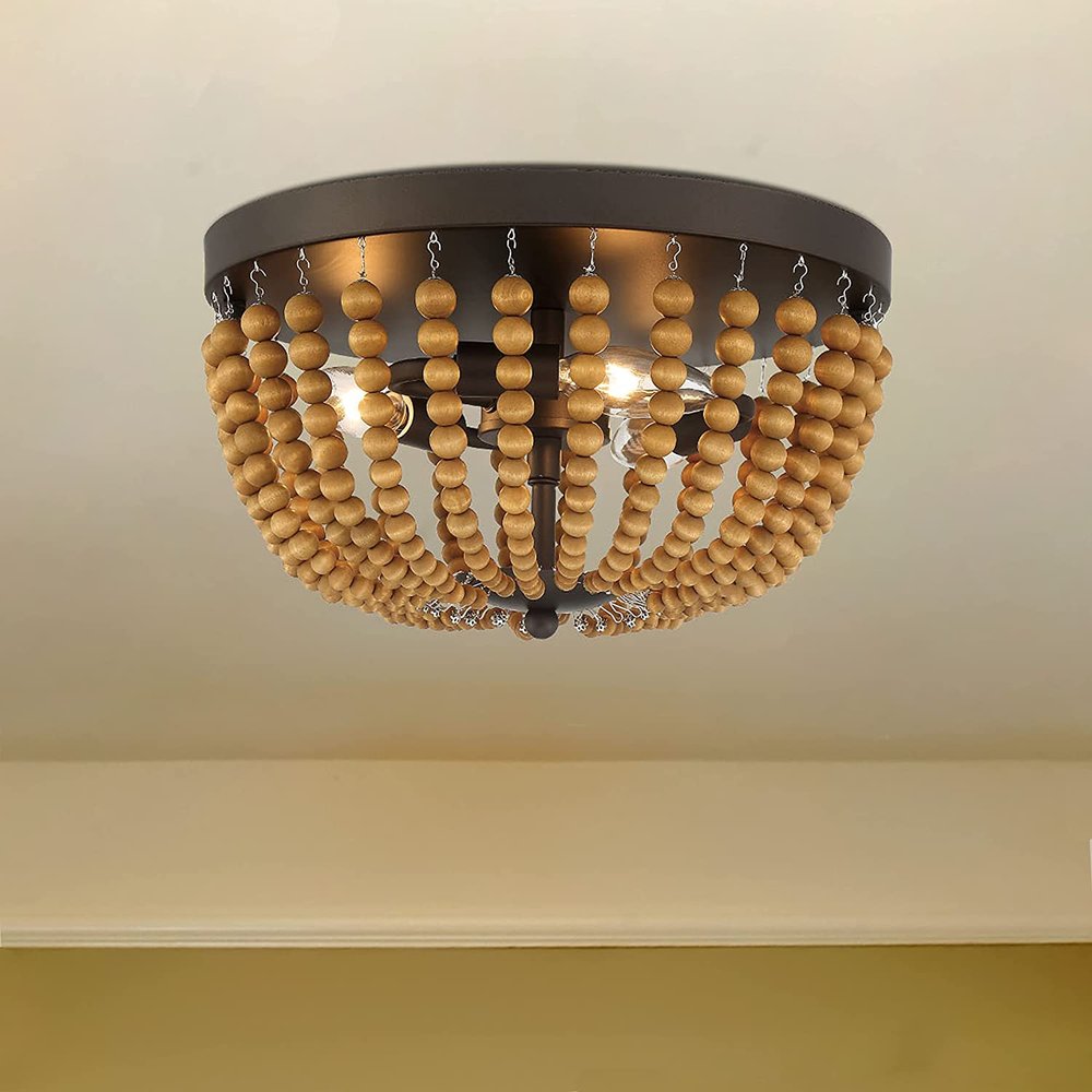 Brown And Black Wood Bead Three Light Flush Mount Ceiling Light