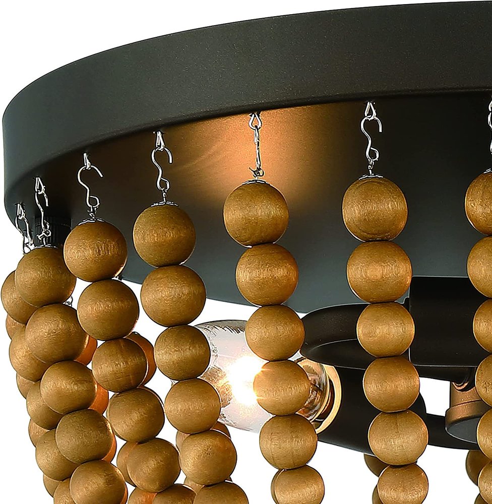 Brown And Black Wood Bead Three Light Flush Mount Ceiling Light