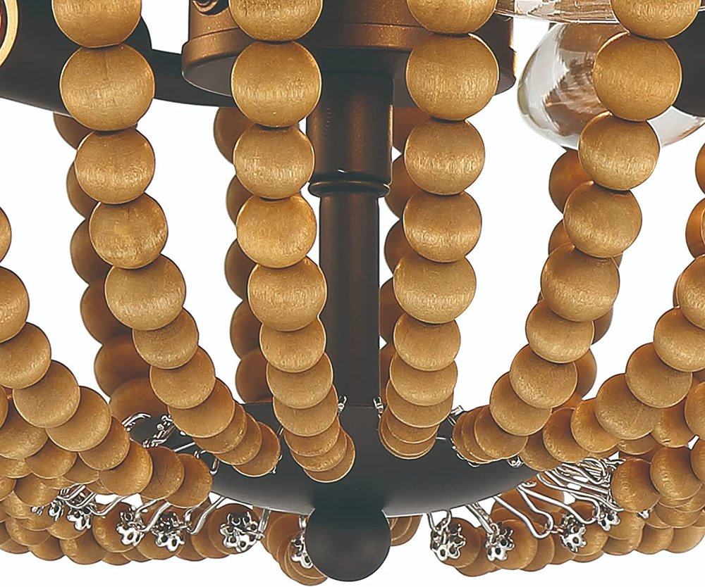 Brown And Black Wood Bead Three Light Flush Mount Ceiling Light