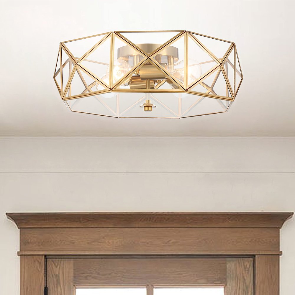 Brass Unique Statement Four Light Metal Dimmable Flush Chandelier