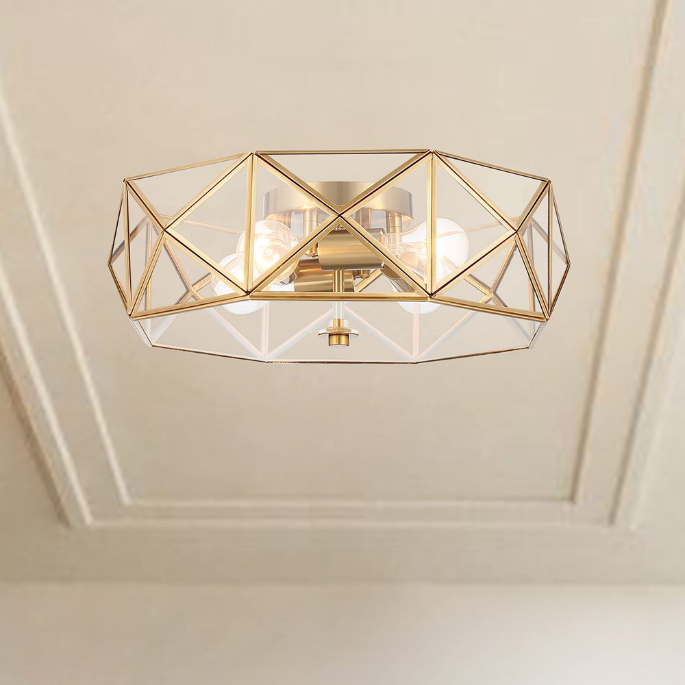 Brass Unique Statement Four Light Metal Dimmable Flush Chandelier