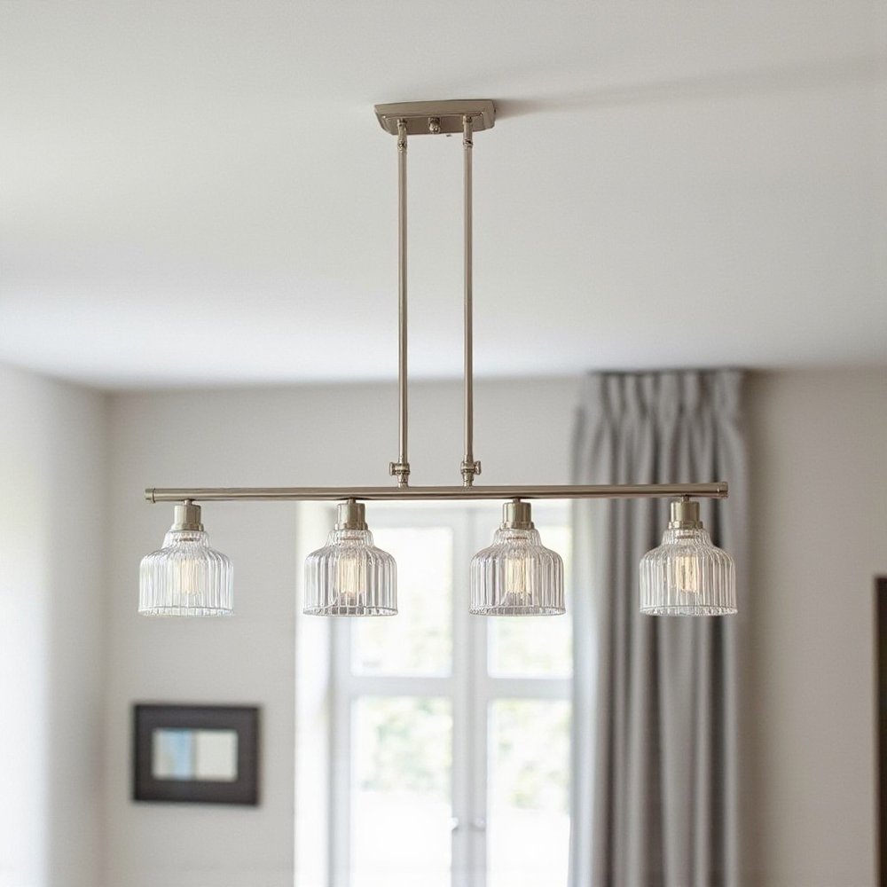 Nickel Kitchen Island Four Light Metal and Transparent Glass Dimmable Chandelier With Clear Shades
