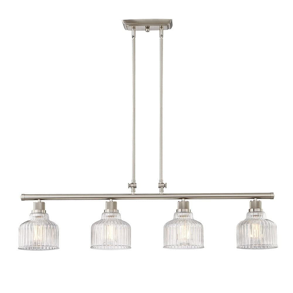 Nickel Kitchen Island Four Light Metal and Transparent Glass Dimmable Chandelier With Clear Shades