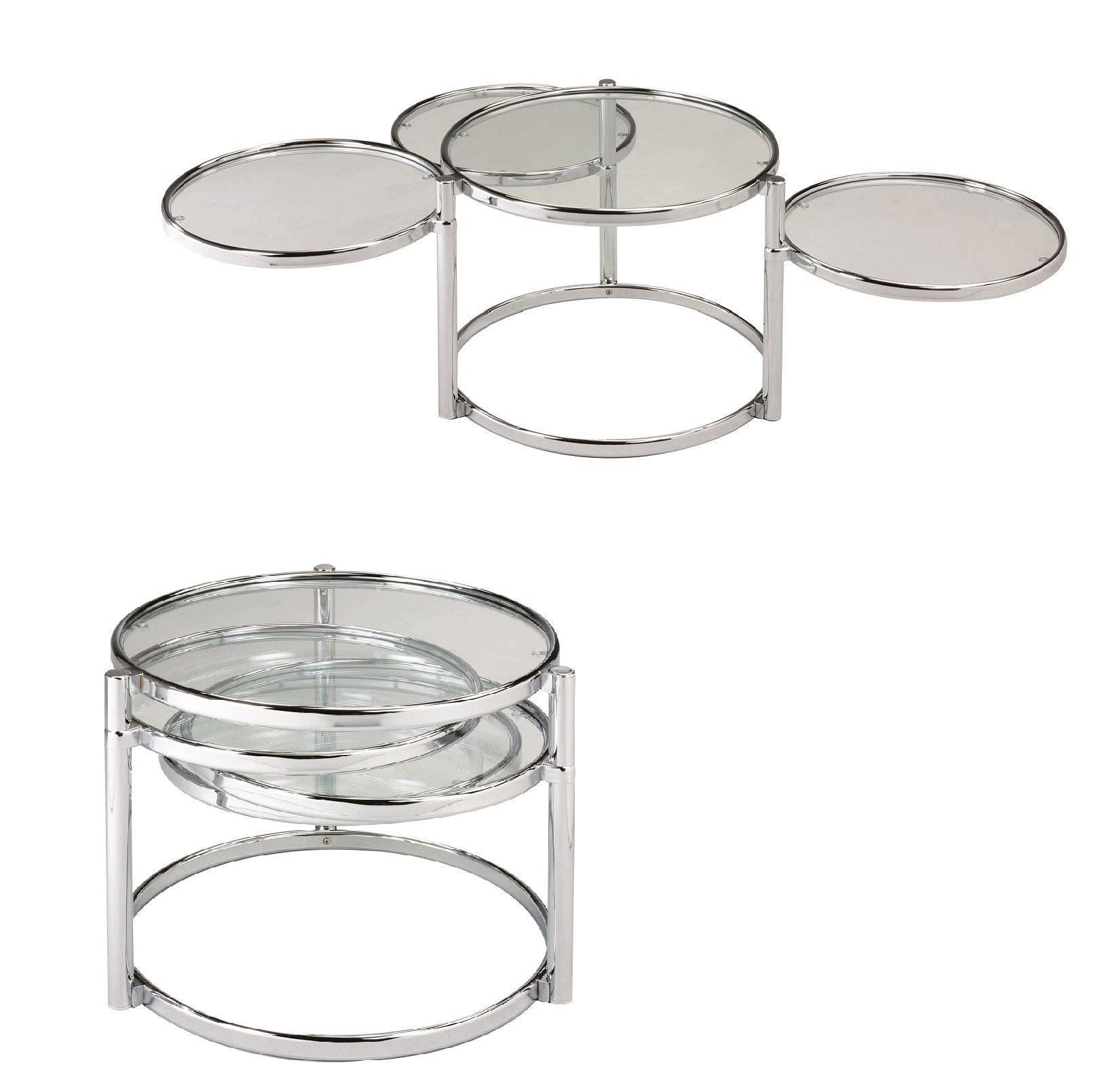 60" Clear And Silver Glass And Steel Round Nested Coffee Tables With Three Shelves