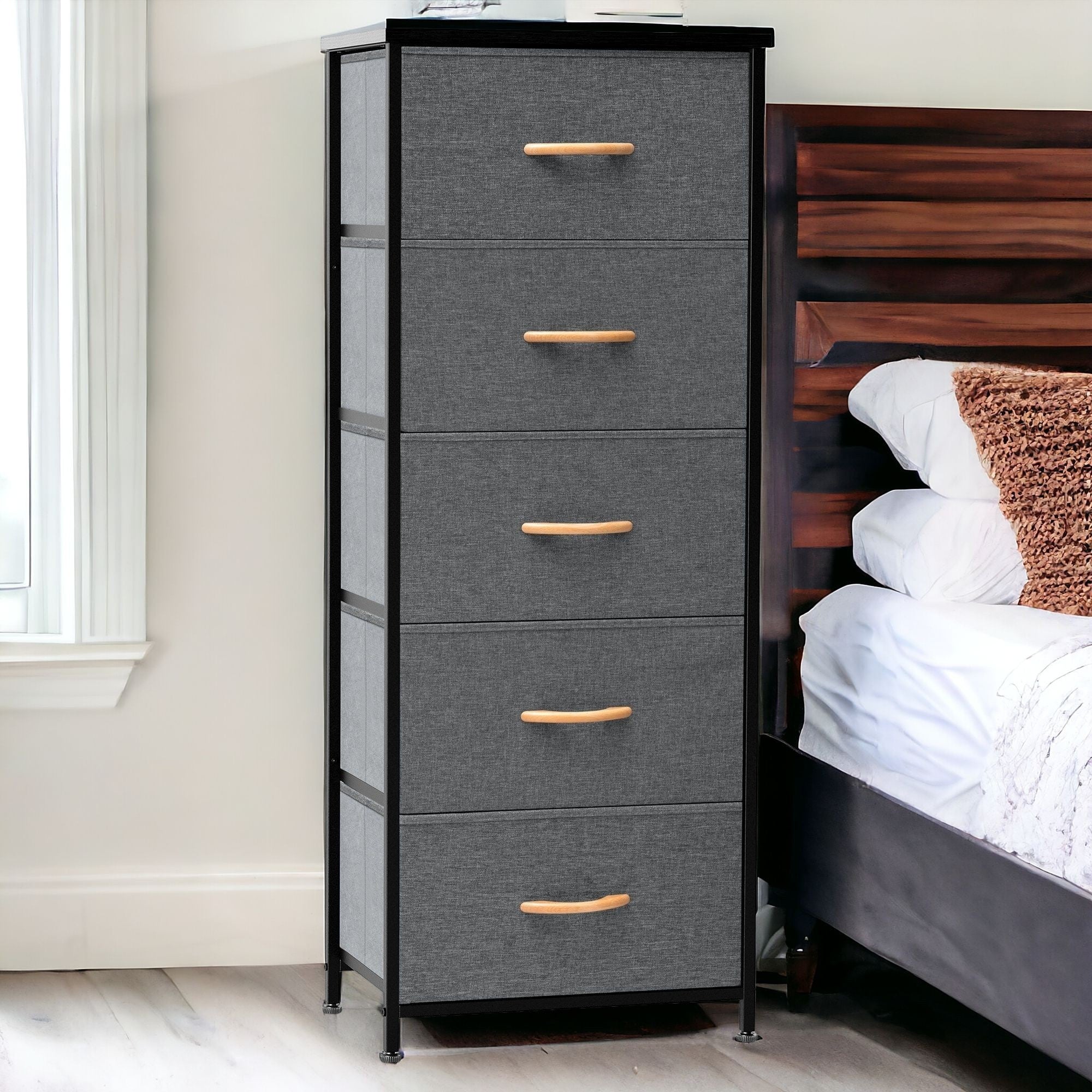 18" Gray And Black Steel And Fabric Five Drawer Dresser