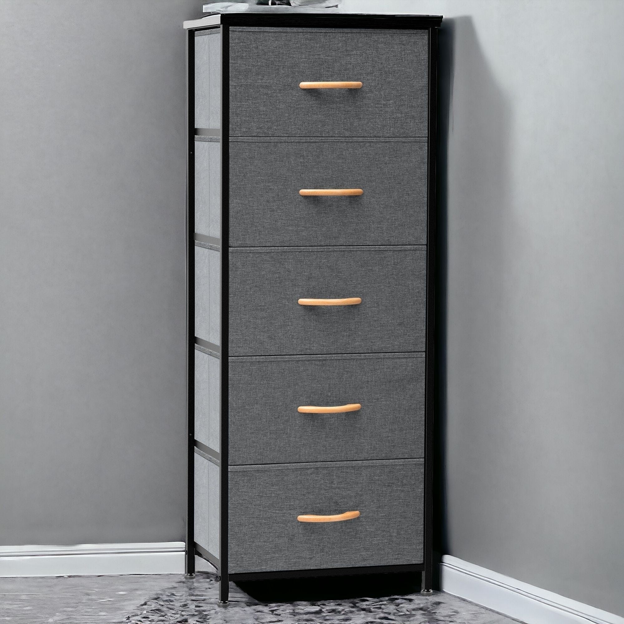 18" Gray And Black Steel And Fabric Five Drawer Dresser