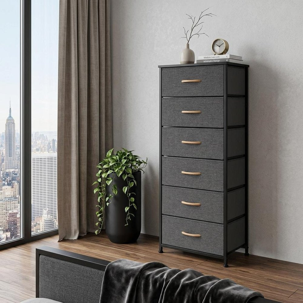 18" Black And Gray Fabric and Steel Six Drawer Dresser