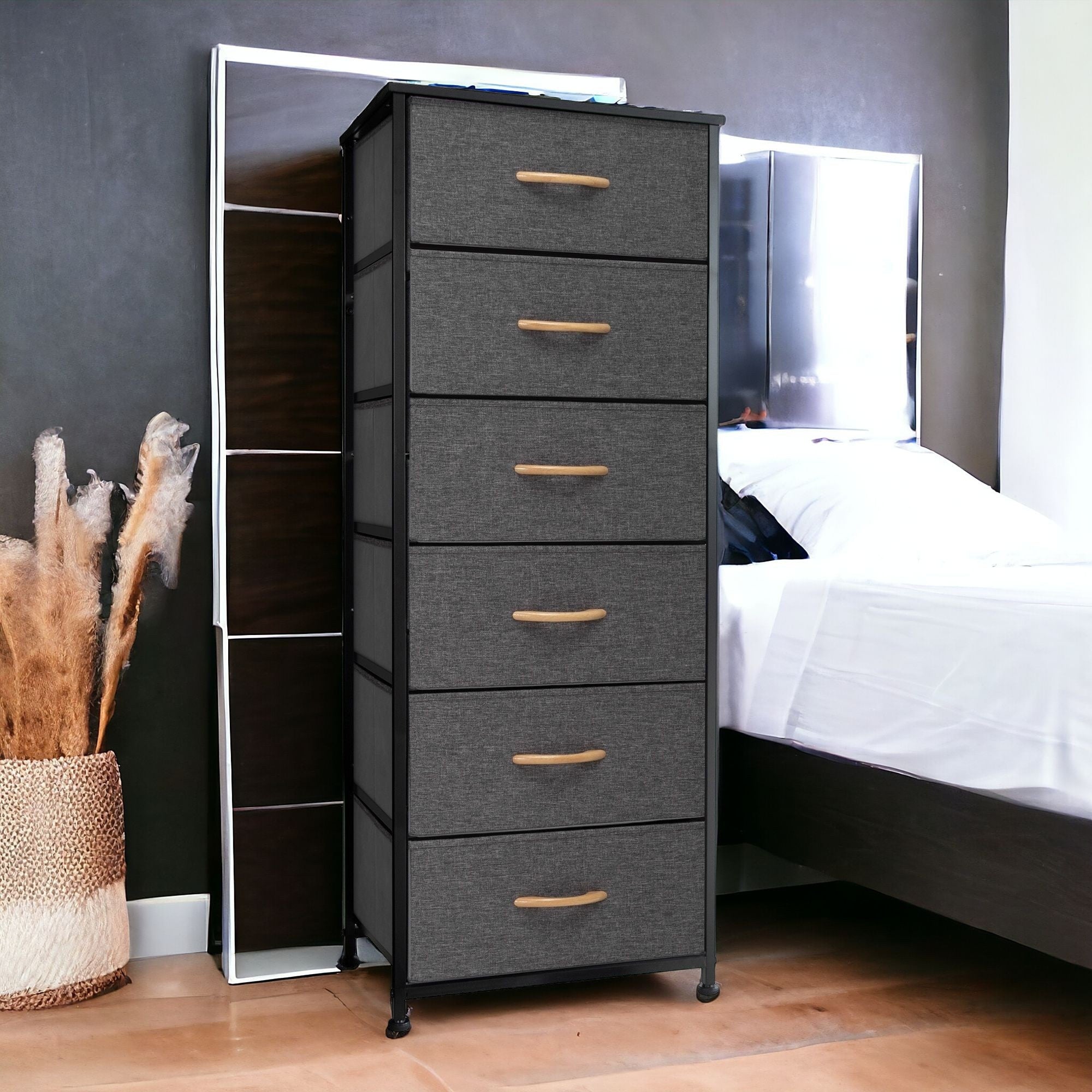 18" Gray And Black Steel And Fabric Six Drawer Dresser