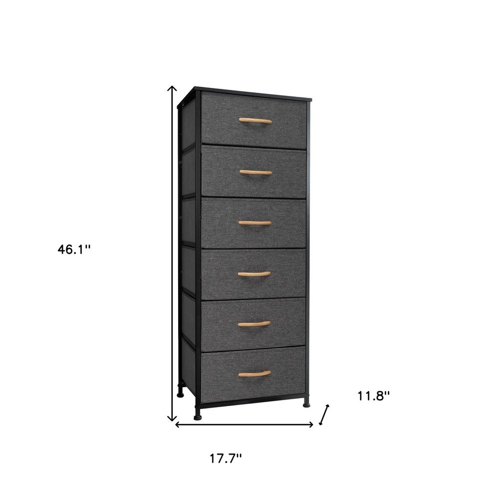 18" Black And Gray Fabric and Steel Six Drawer Dresser