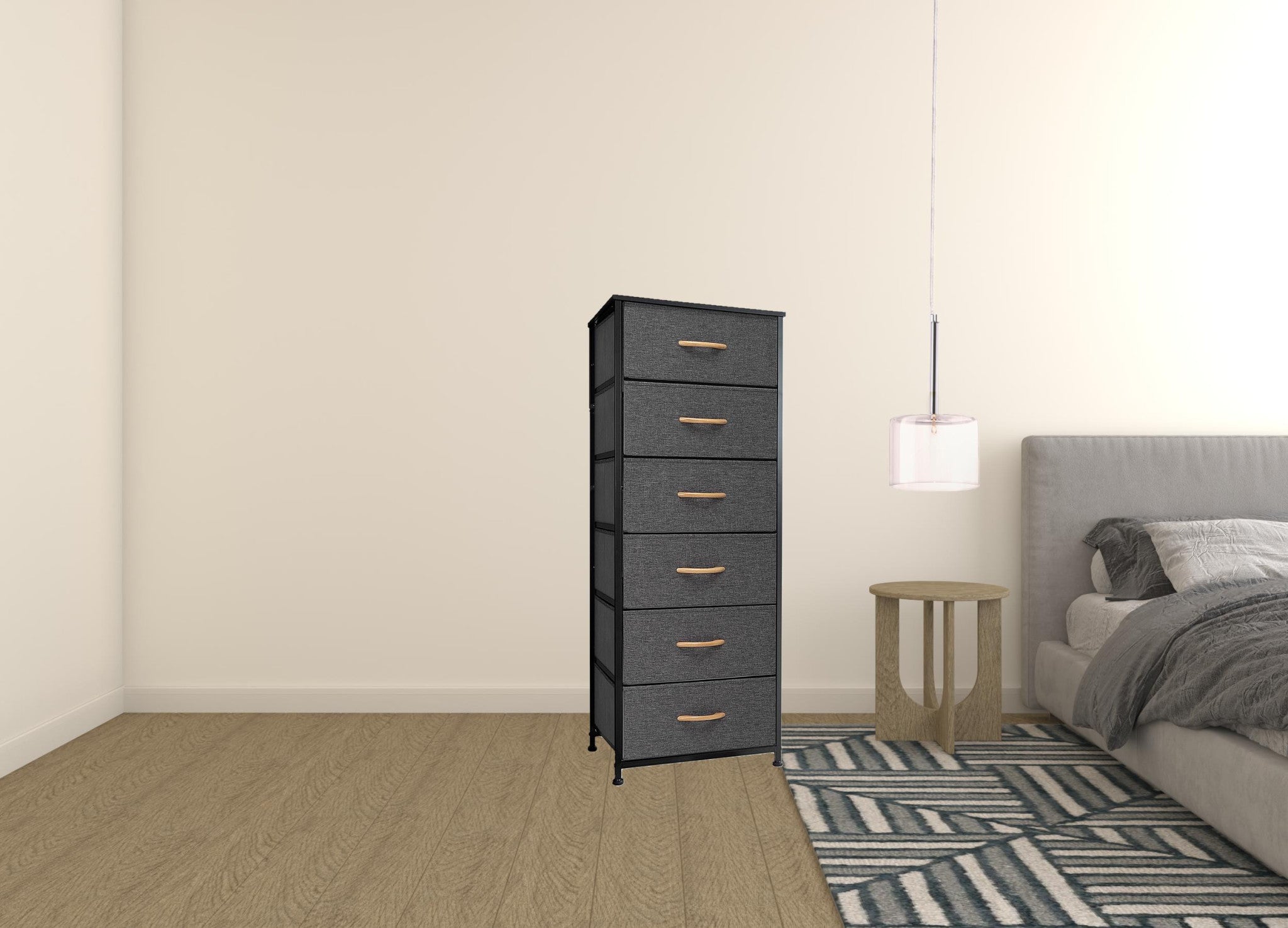 18" Gray And Black Steel And Fabric Six Drawer Dresser