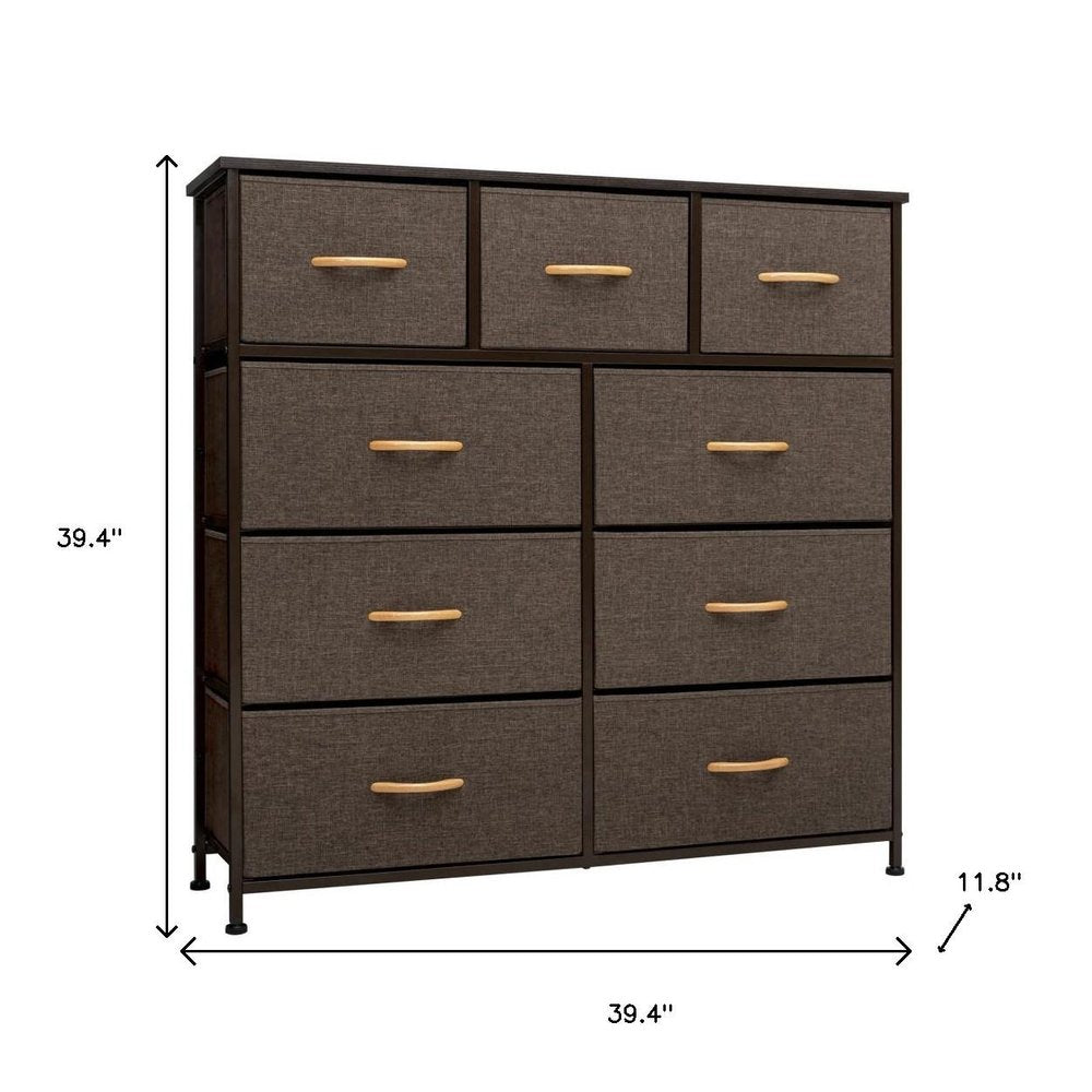 39" Brown Steel and Fabric Nine Drawer Triple Dresser