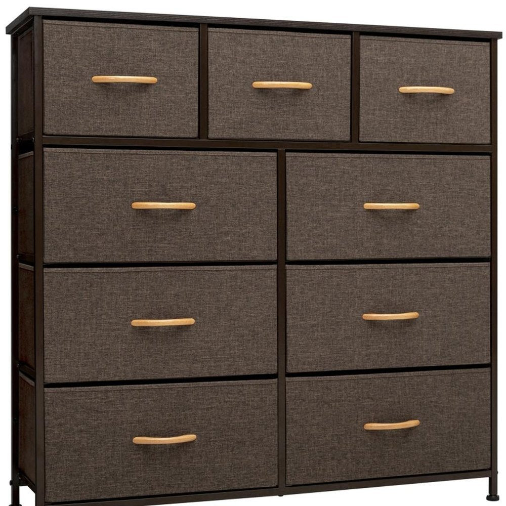 39" Brown Steel and Fabric Nine Drawer Triple Dresser