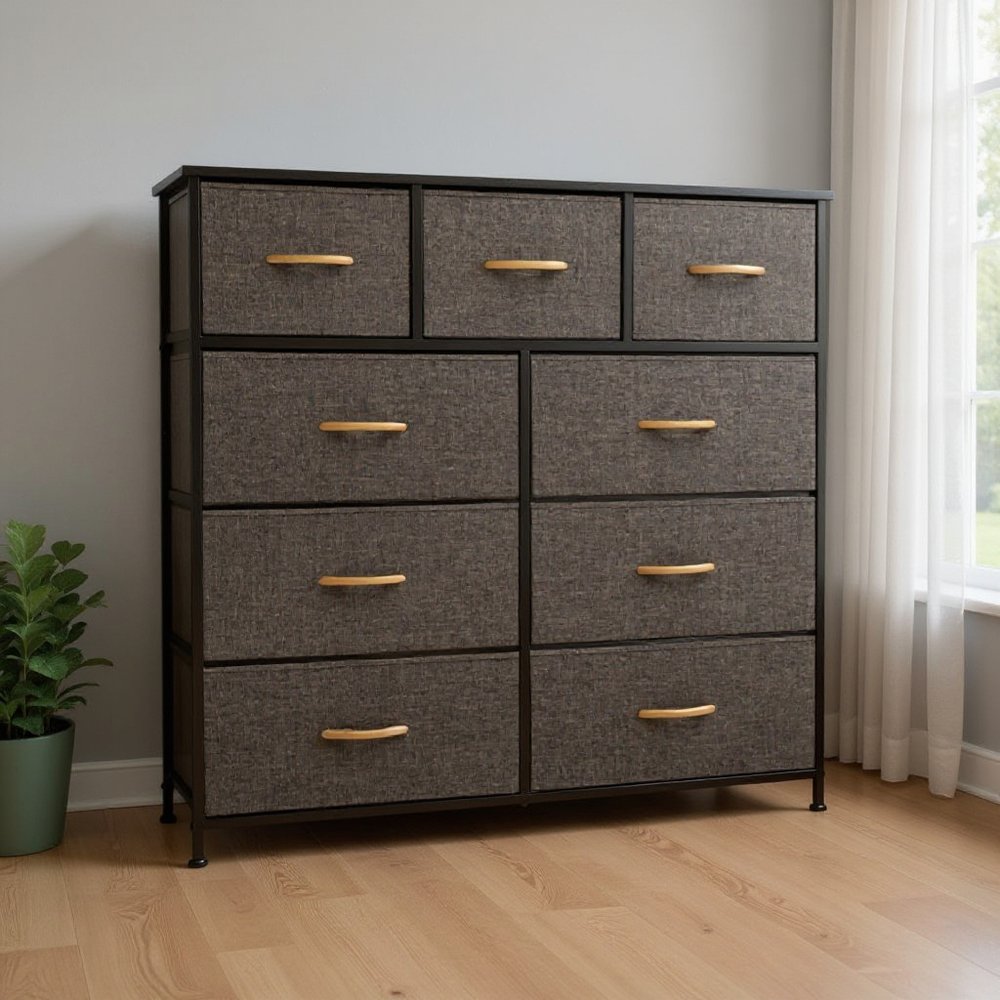 39" Brown Steel and Fabric Nine Drawer Triple Dresser