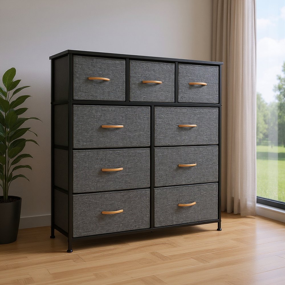 39" Gray and White Steel and Fabric Nine Drawer Triple Dresser