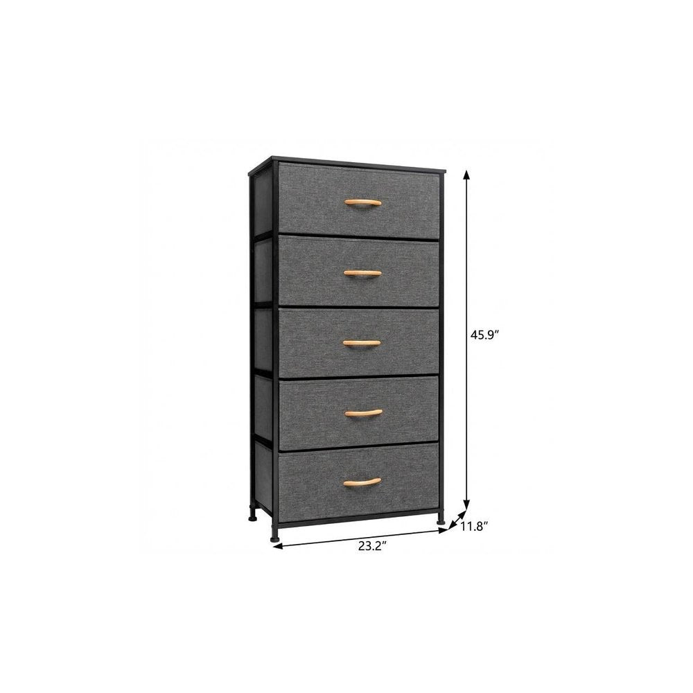 23" Gray and Black Steel and Fabric Five Drawer Chest