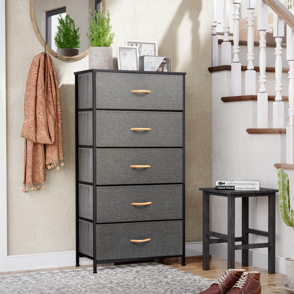 23" Gray and Black Steel and Fabric Five Drawer Chest
