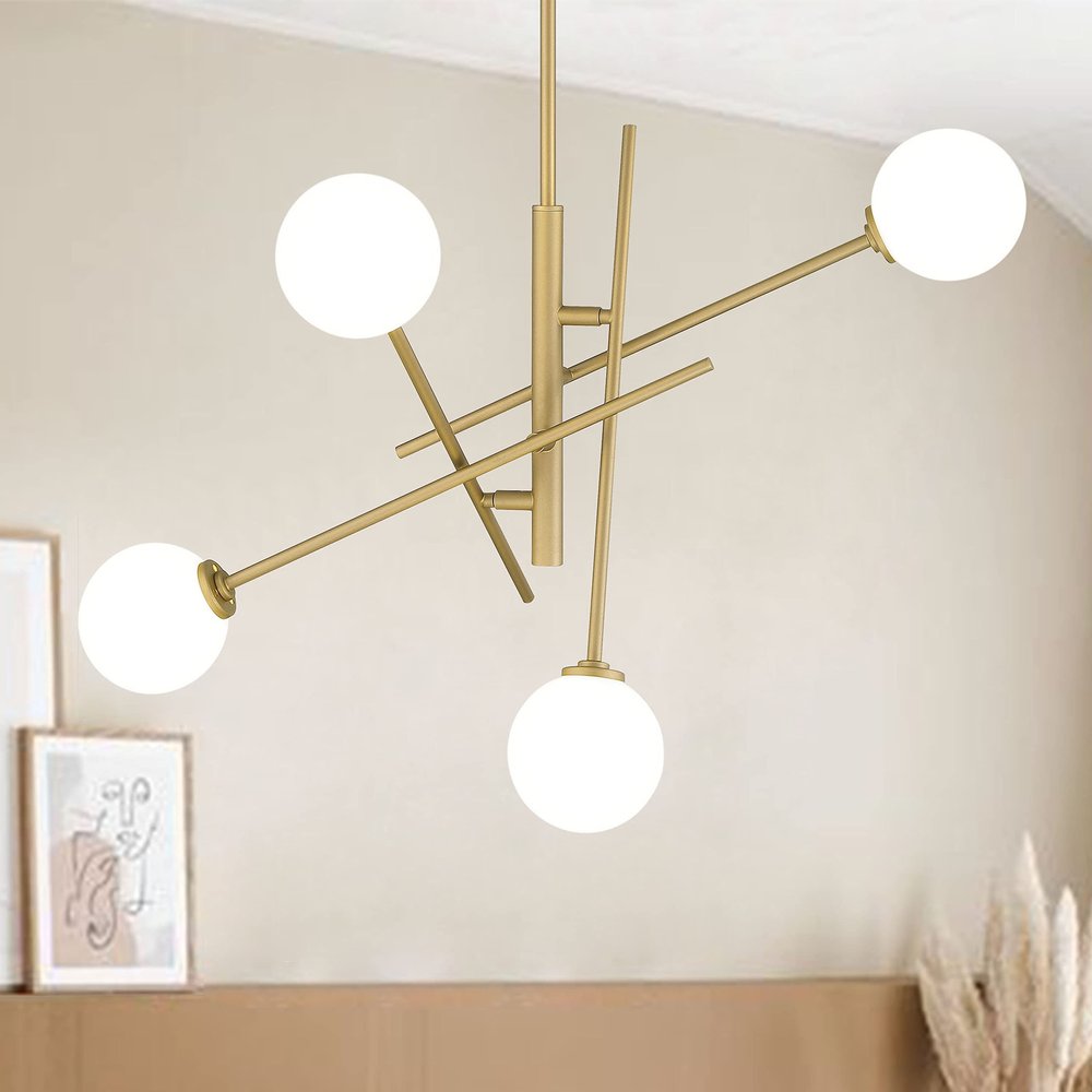 Brass Candle Style Four Light Metal Dimmable Chandelier With White Shades