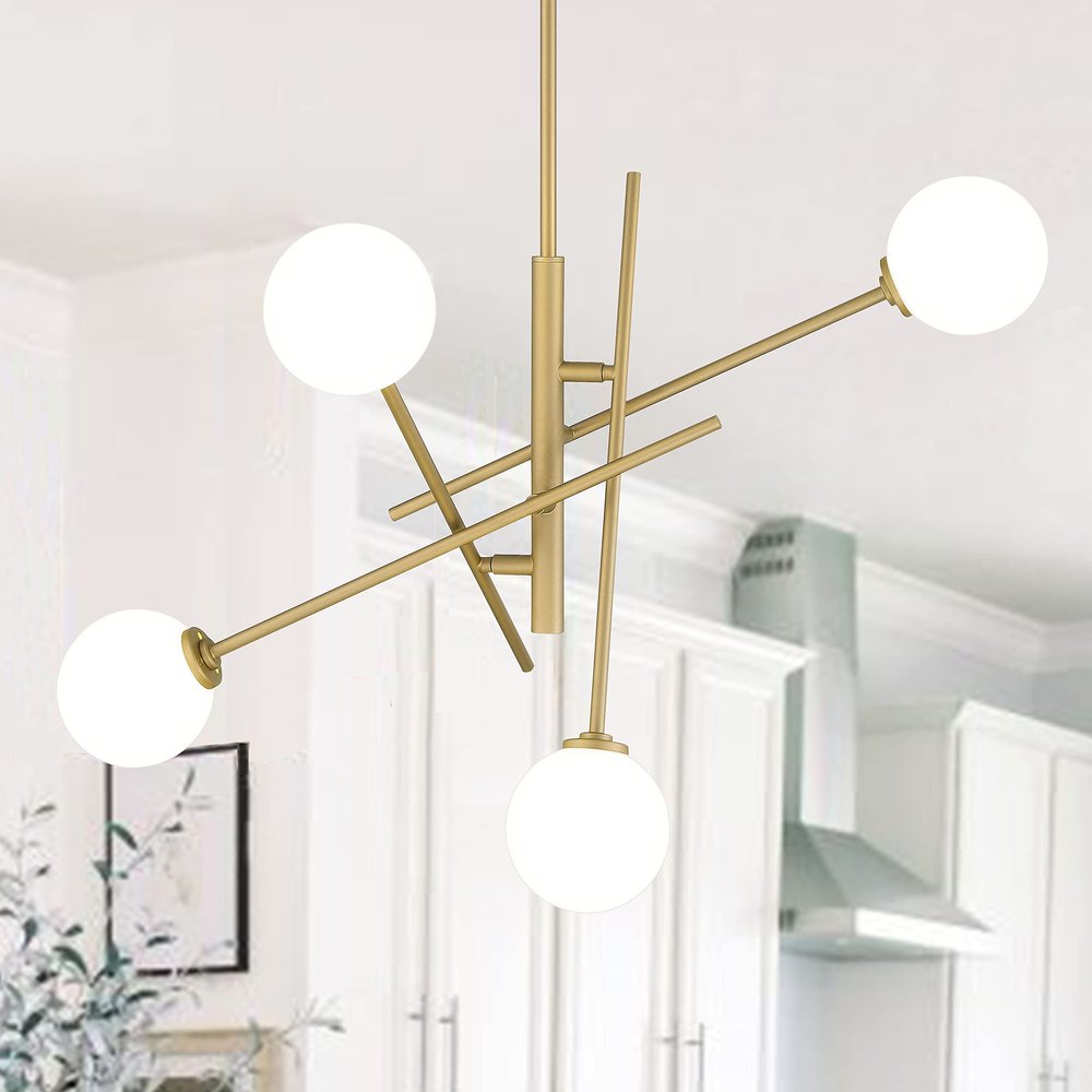 Brass Candle Style Four Light Metal Dimmable Chandelier With White Shades