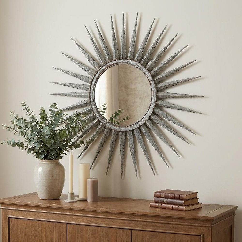30" Silver Metal Sunburst Framed Accent Mirror