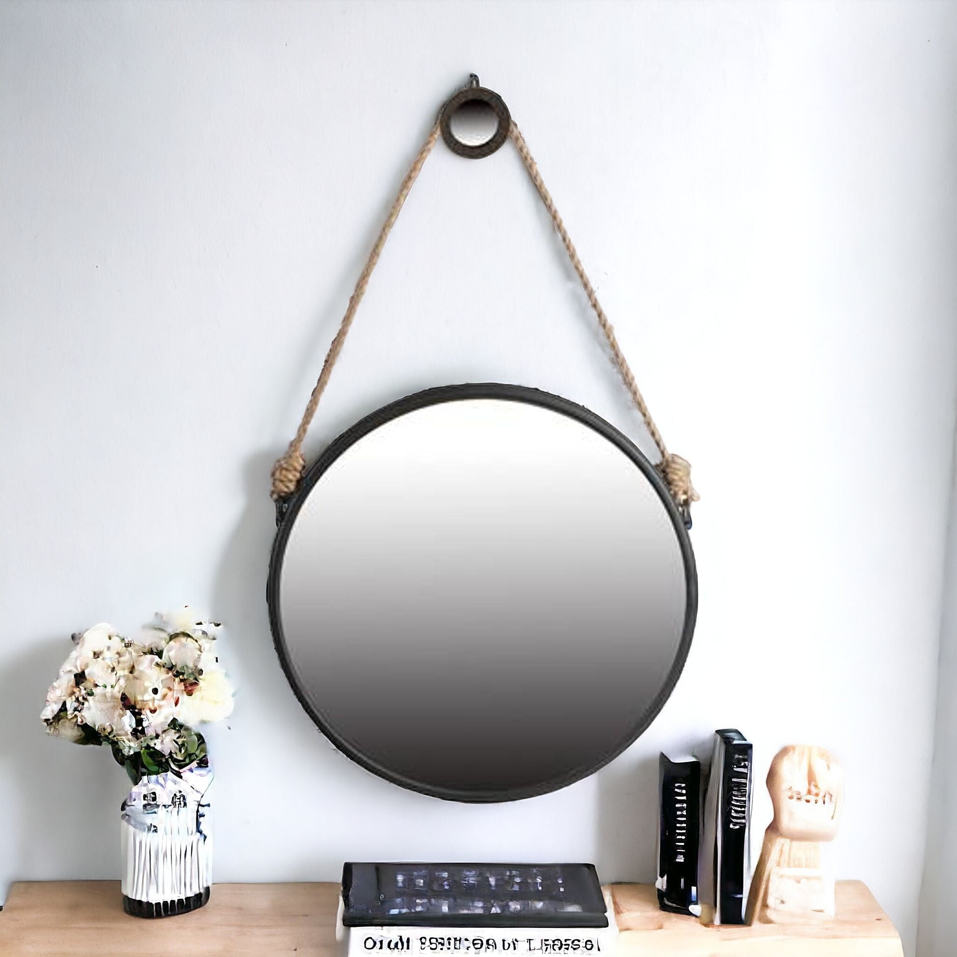 30" Black Fame Round Wall Hanging Accent Mirror with Rope