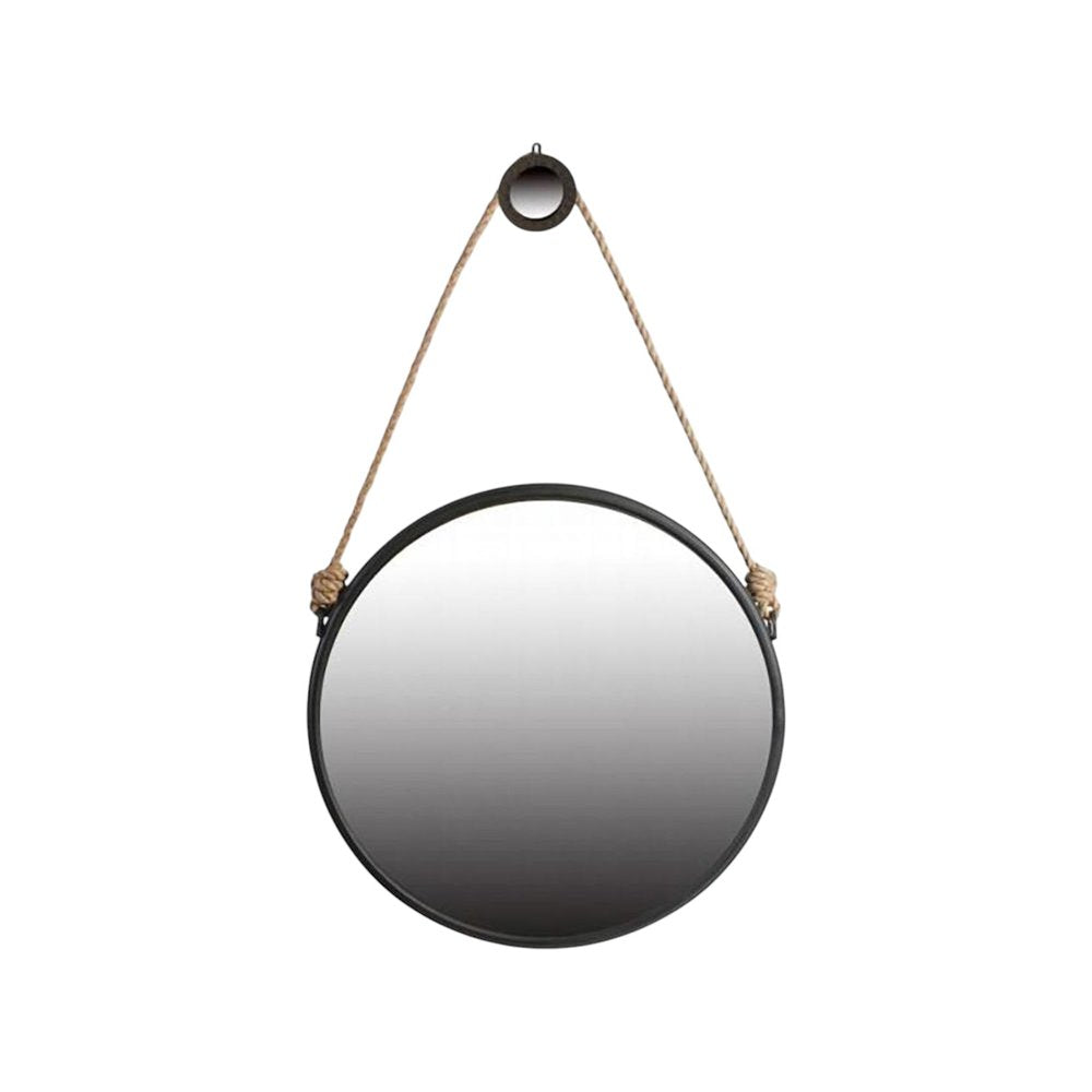 30" Black Fame Round Wall Hanging Accent Mirror with Rope