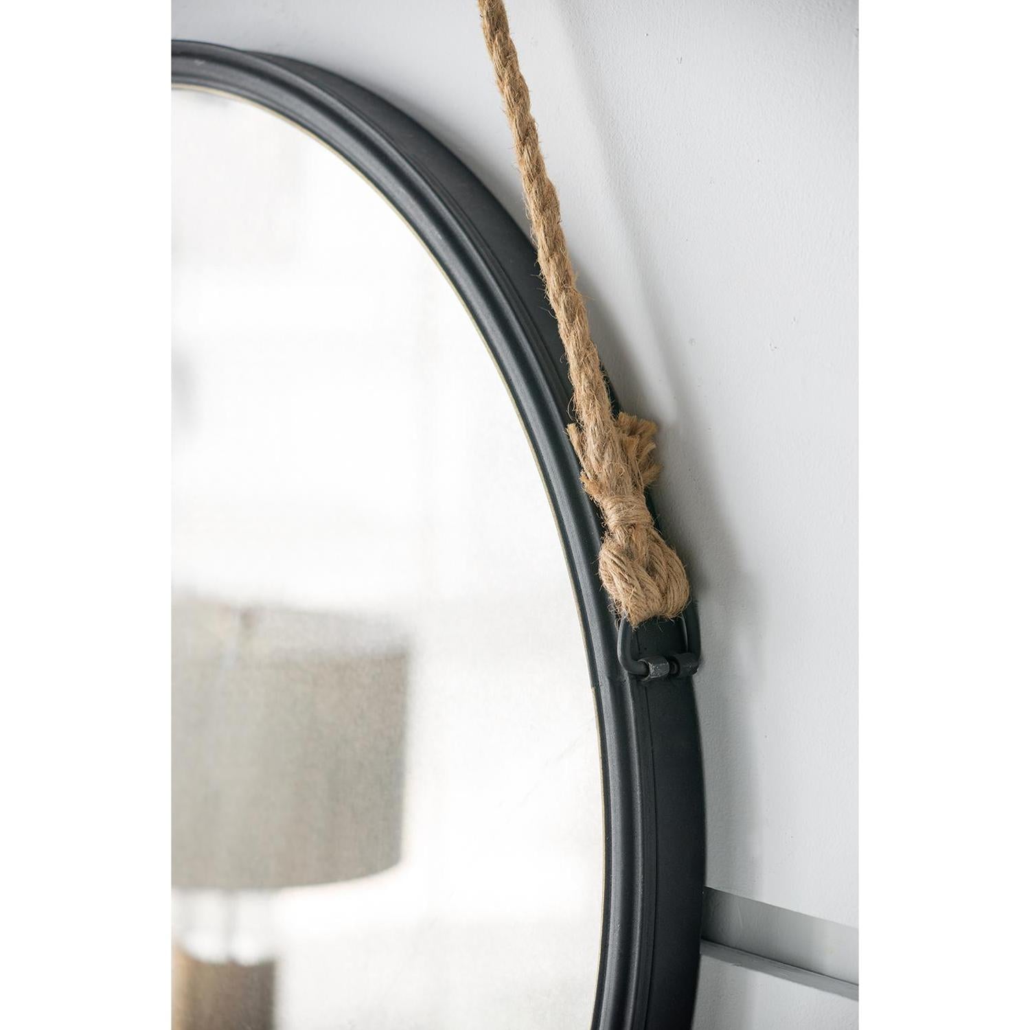 30" Black Fame Round Wall Hanging Accent Mirror with Rope