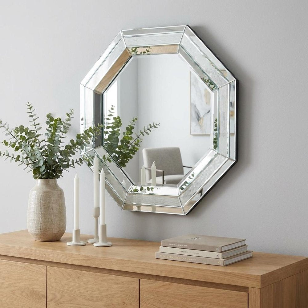 28" Silver Octagon Glass Framed Accent Mirror