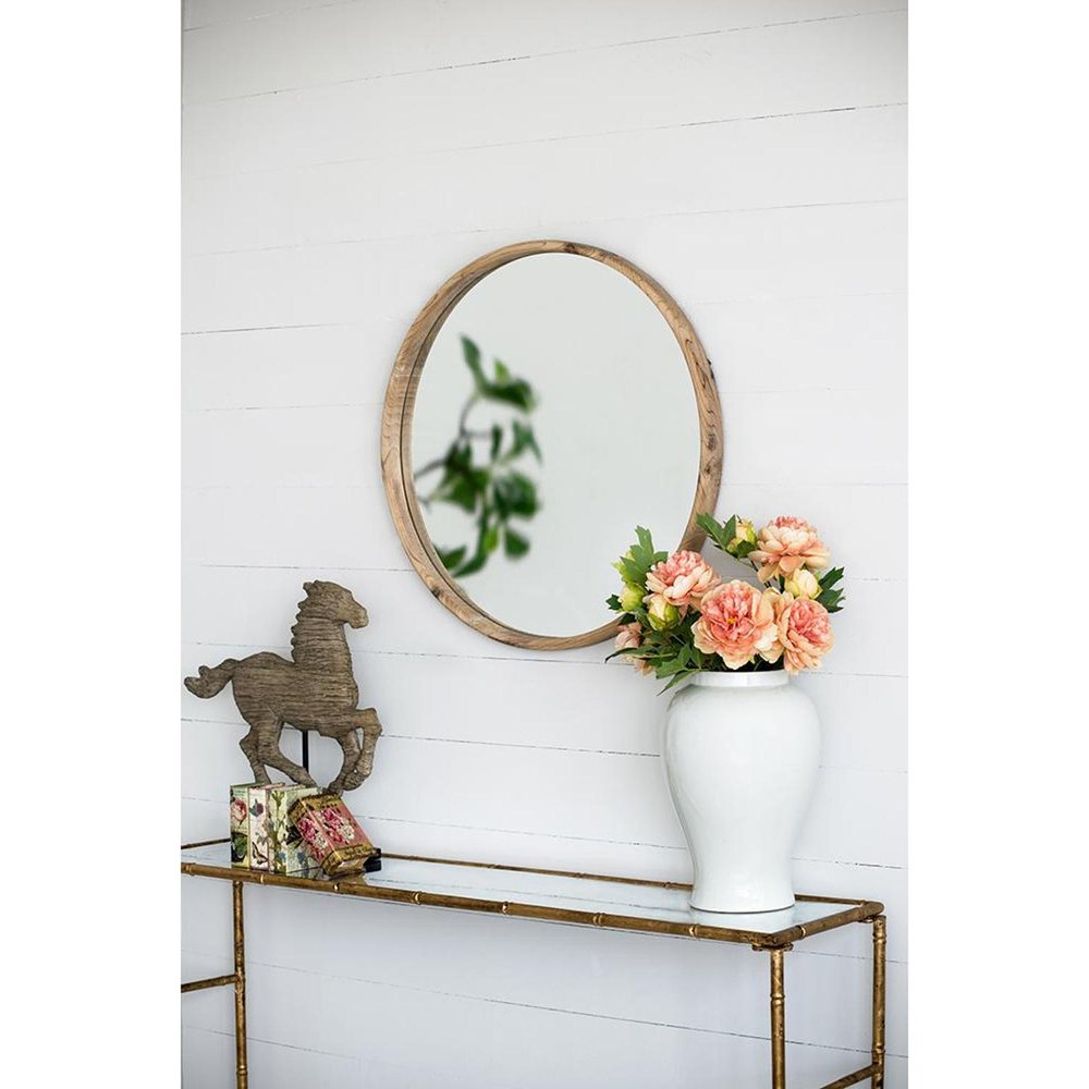 28" Brown Solid Wood Round Framed Accent Mirror