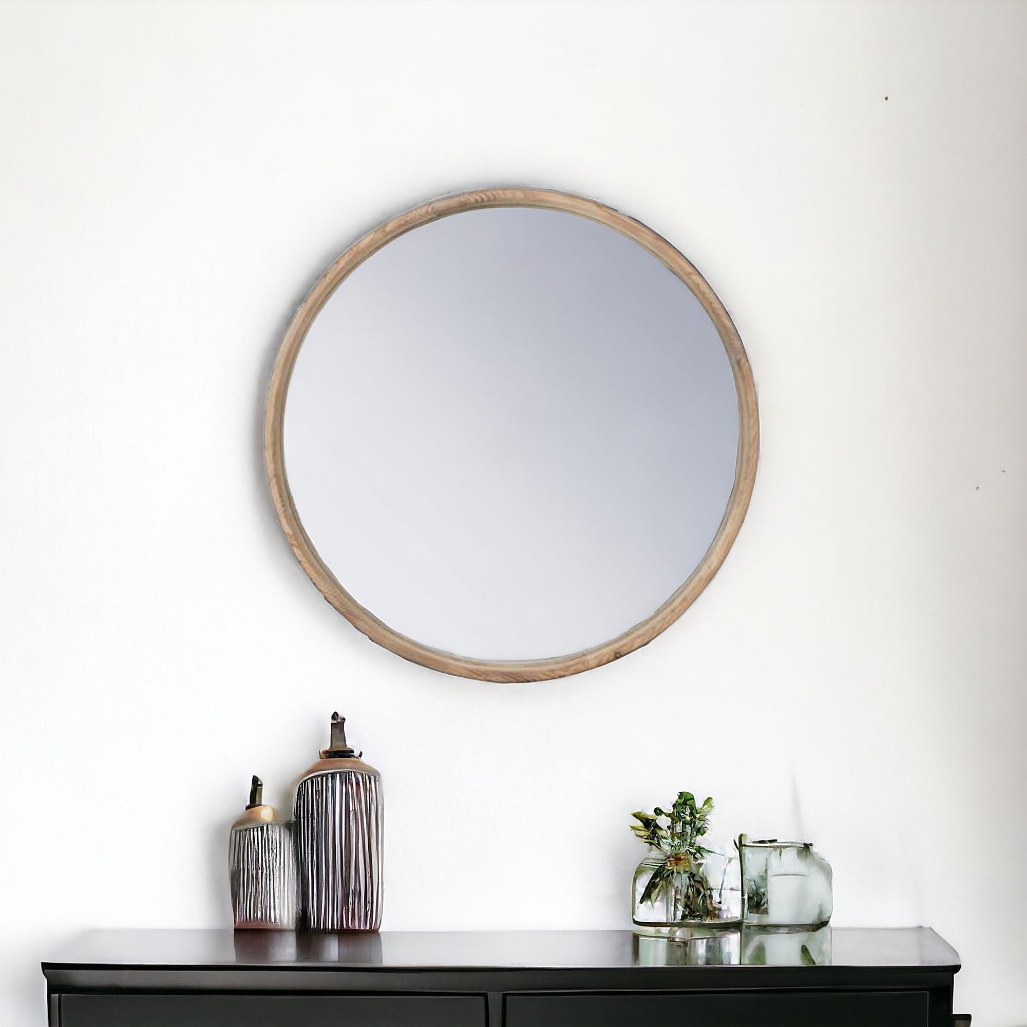 28" Natural Rustic Brown Wood Frame Round Wall Mounted Accent Mirror