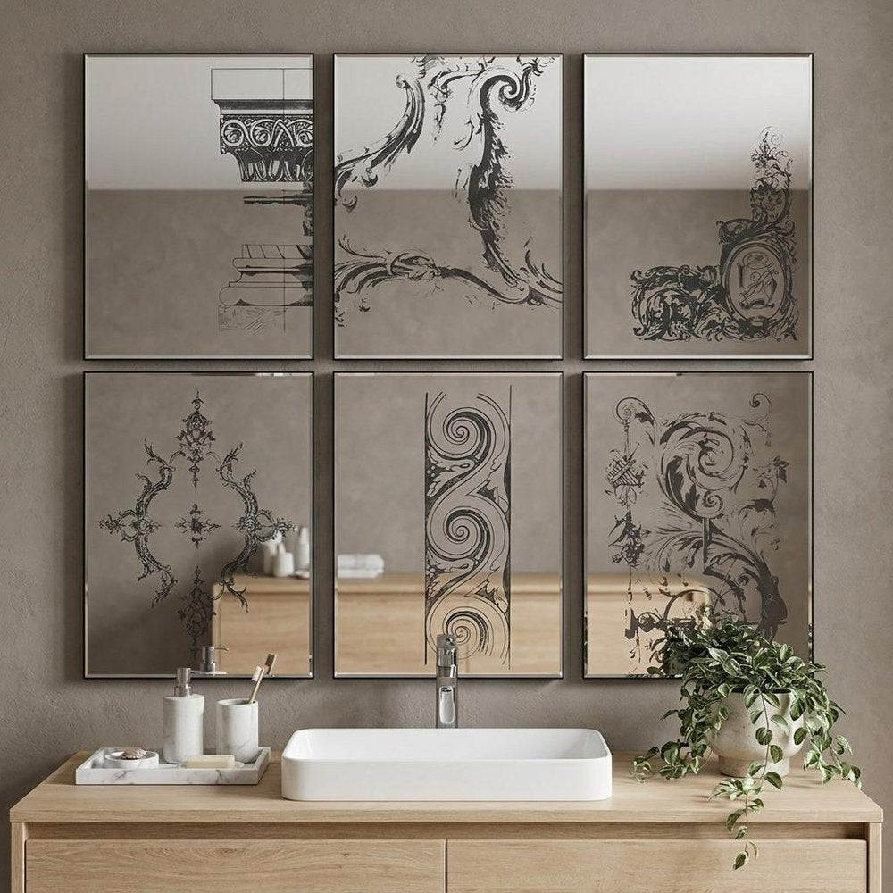 Set of Six Decorative Antiqued Glass Black Metal Framed Mirror Set