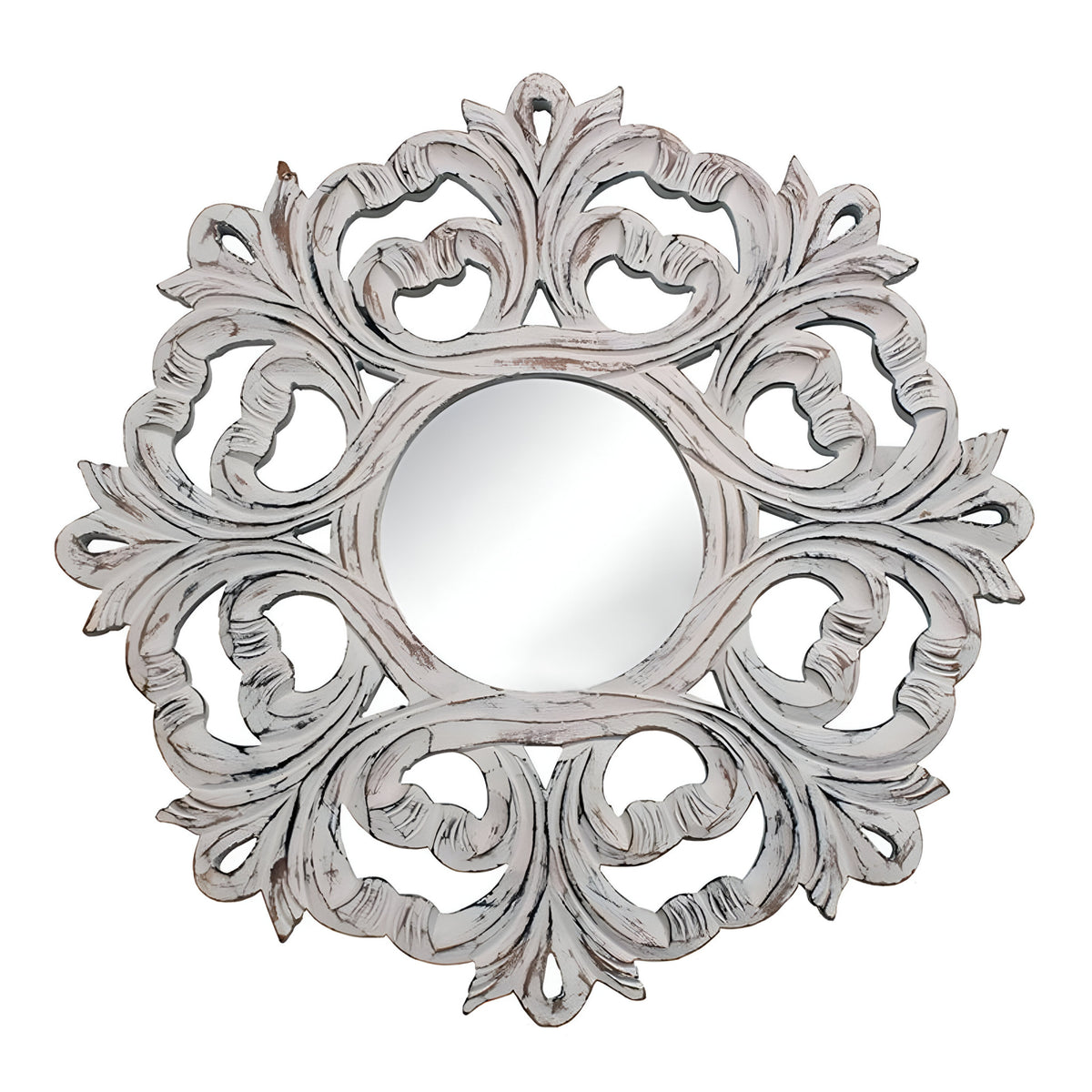 24" White Floral Scrollwork Distressed Round Framed Accent Mirror