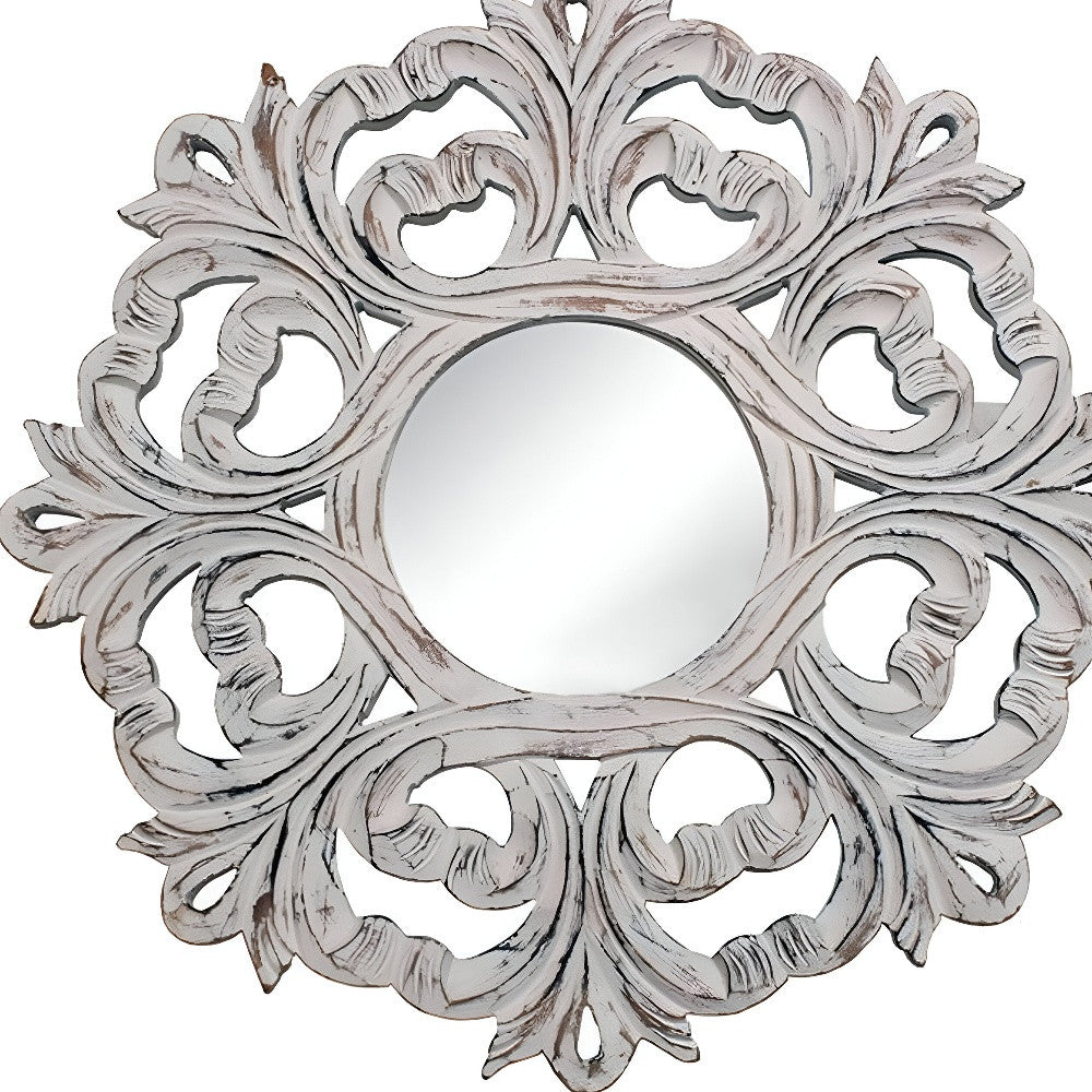 24" White Floral Scrollwork Distressed Round Framed Accent Mirror