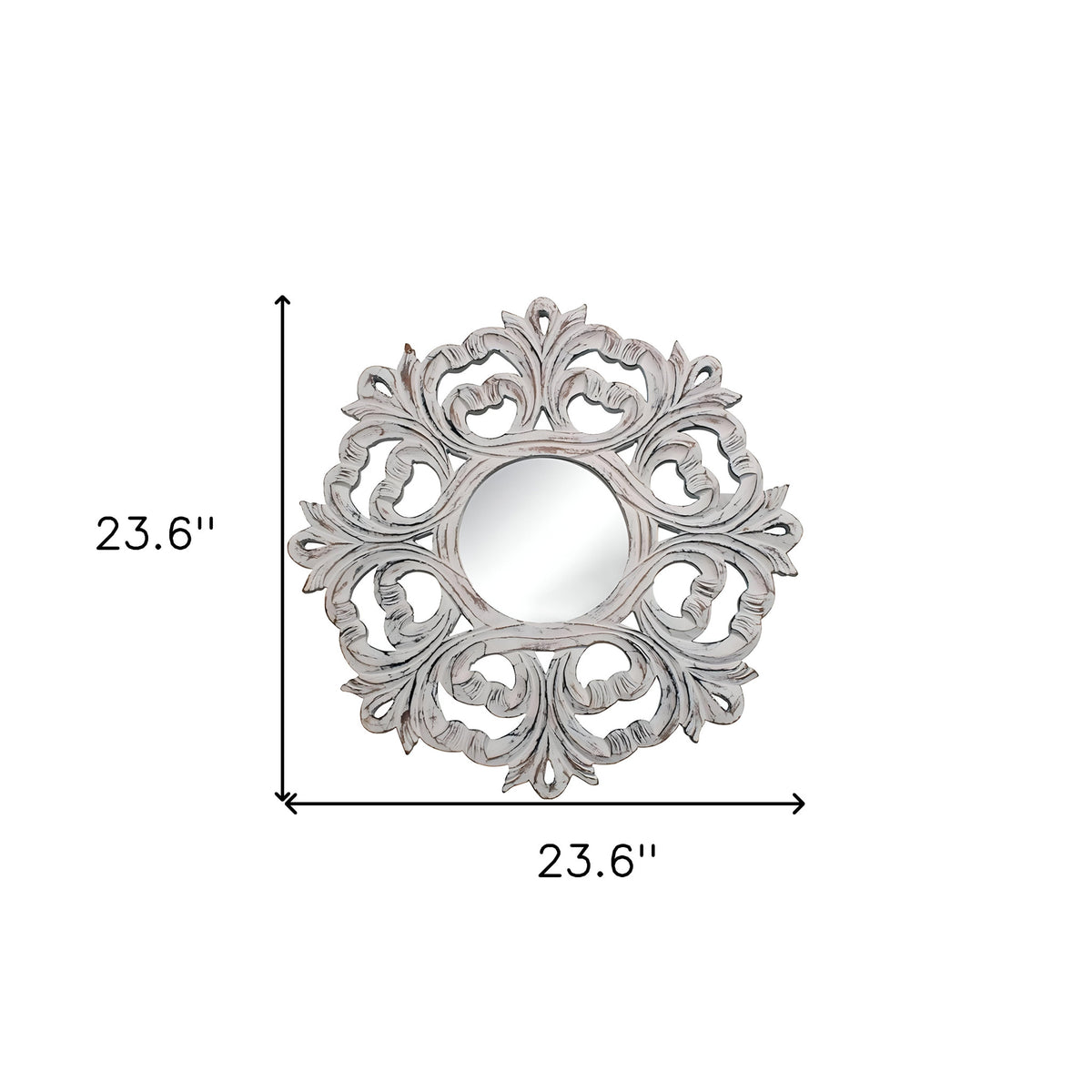 24" White Floral Scrollwork Distressed Round Framed Accent Mirror