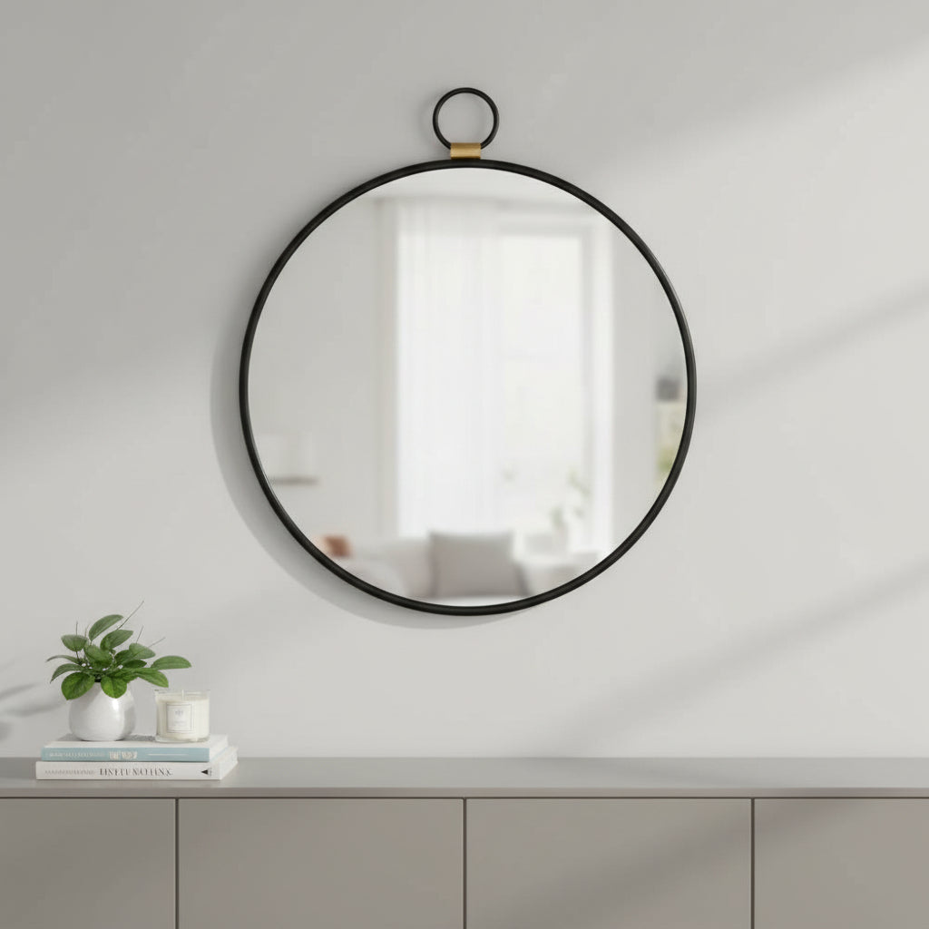 28" Black Round Iron Framed Accent Mirror
