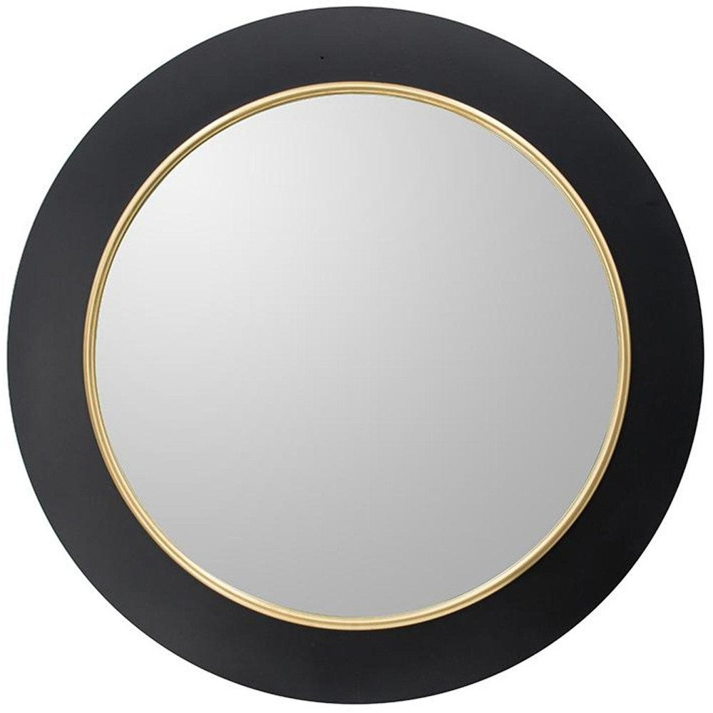 32" Black And Gold Lighted Round Metal Framed Accent Mirror