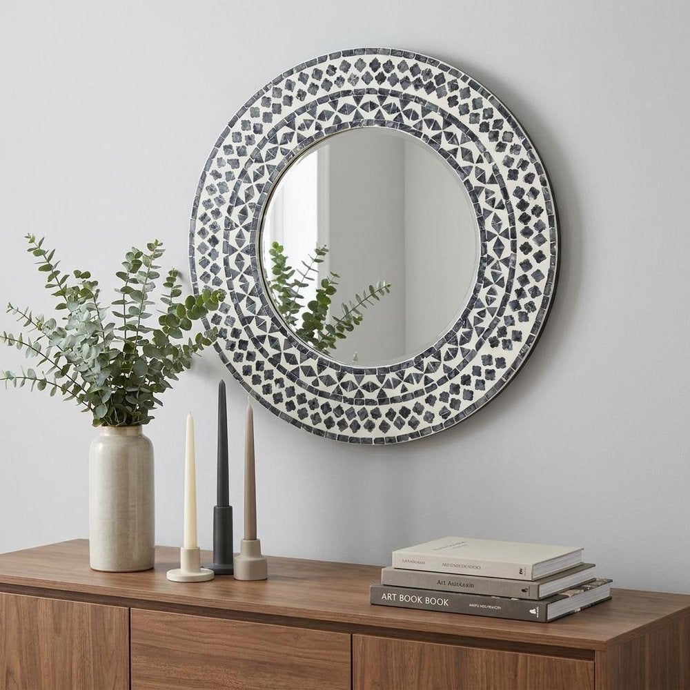 24" Black And White Round Wood And Shell Framed Accent Mirror
