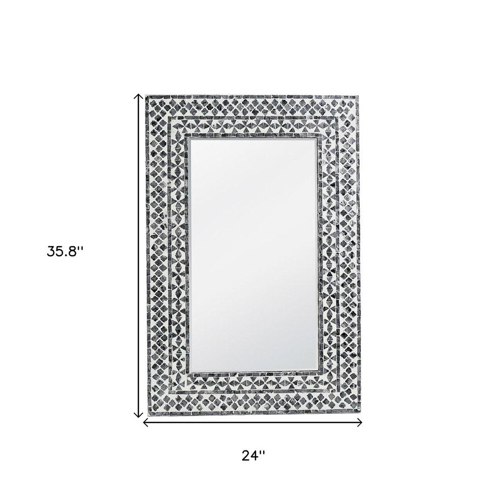 36" Black And White Geometric Mosaic Capiz Shell Framed Accent Mirror