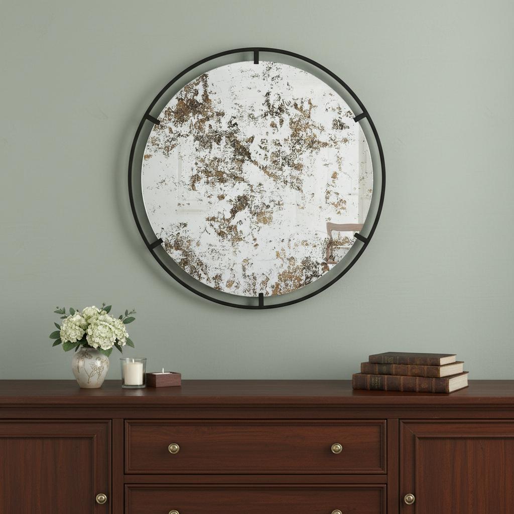 32" Black Round Iron Framed Accent Mirror