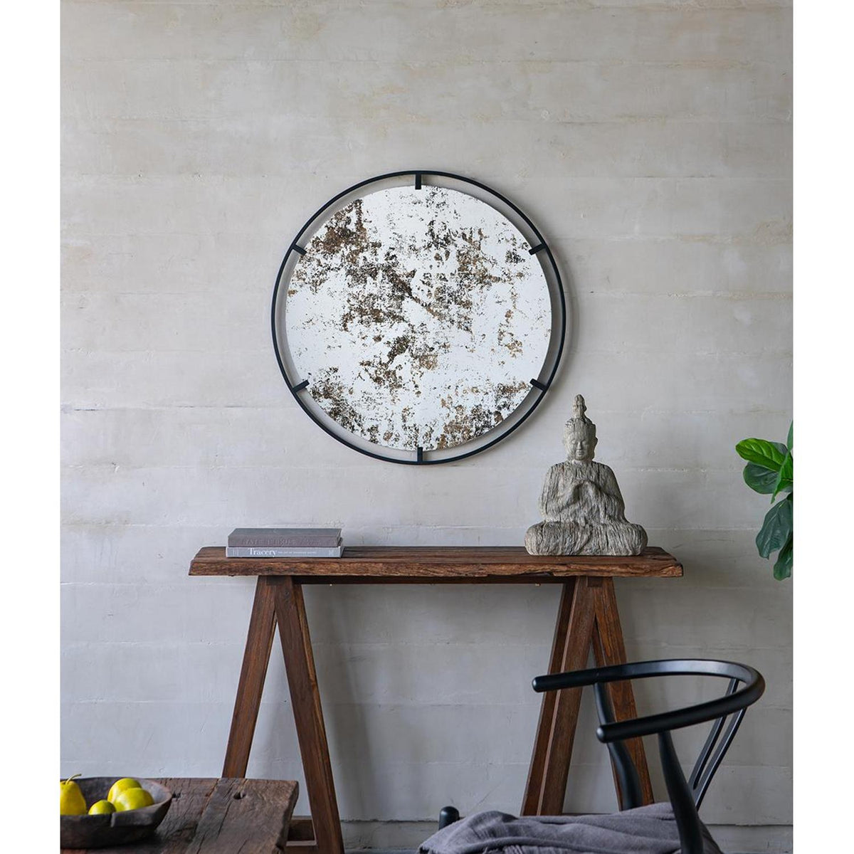 32" Black Round Iron Framed Accent Mirror
