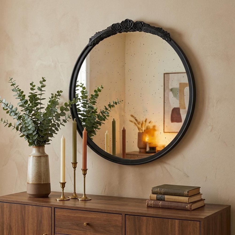 30" Black Crowned Top Antiqued Glass Round Framed Accent Mirror