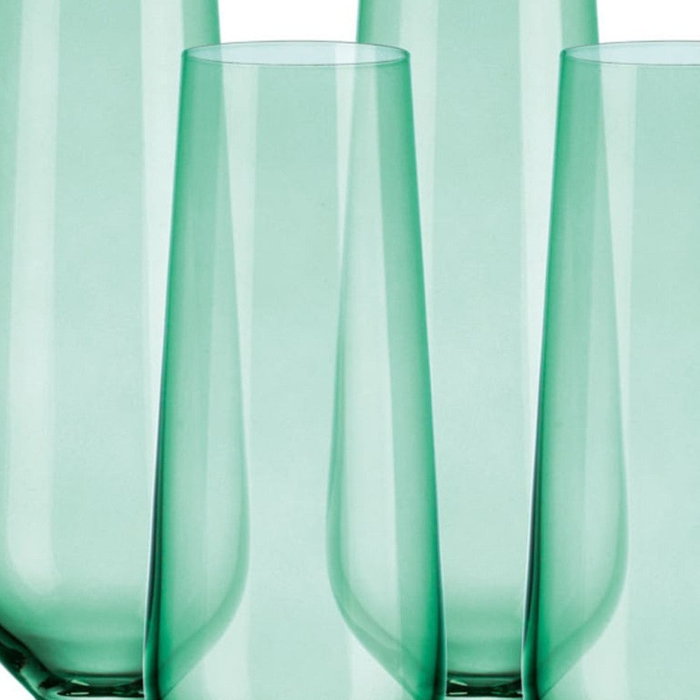 Set of Four Green Crystal Narrowing Shape Stemmed Flute