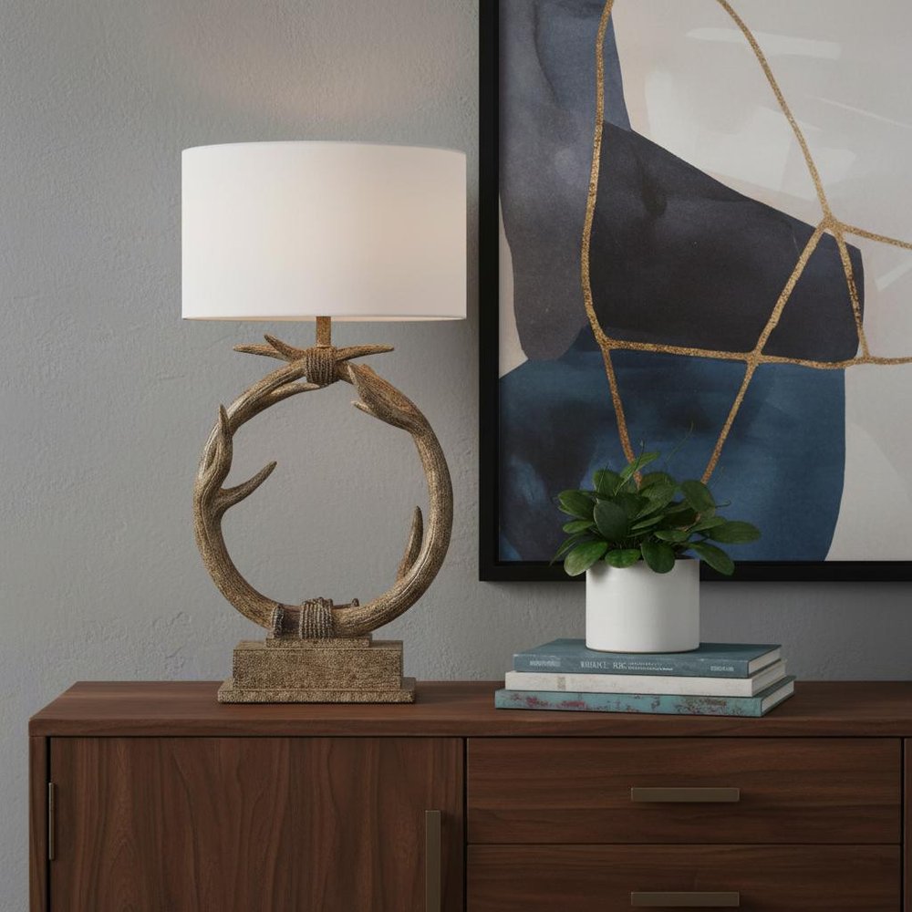 27" Brown Rustic Faux Antlers Table Lamp With White Drum Shade
