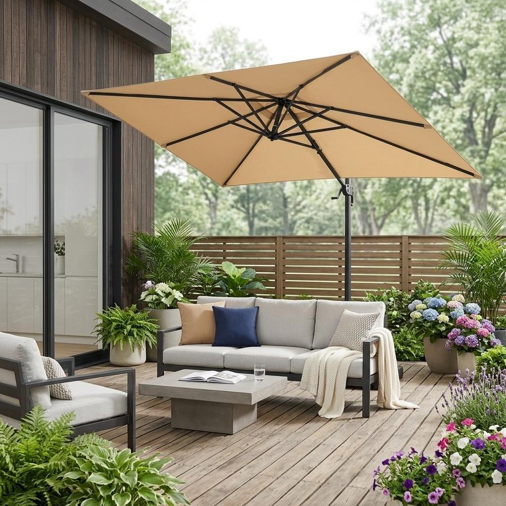 9' Tan Polyester Rectangular Tilt Market Patio Umbrella