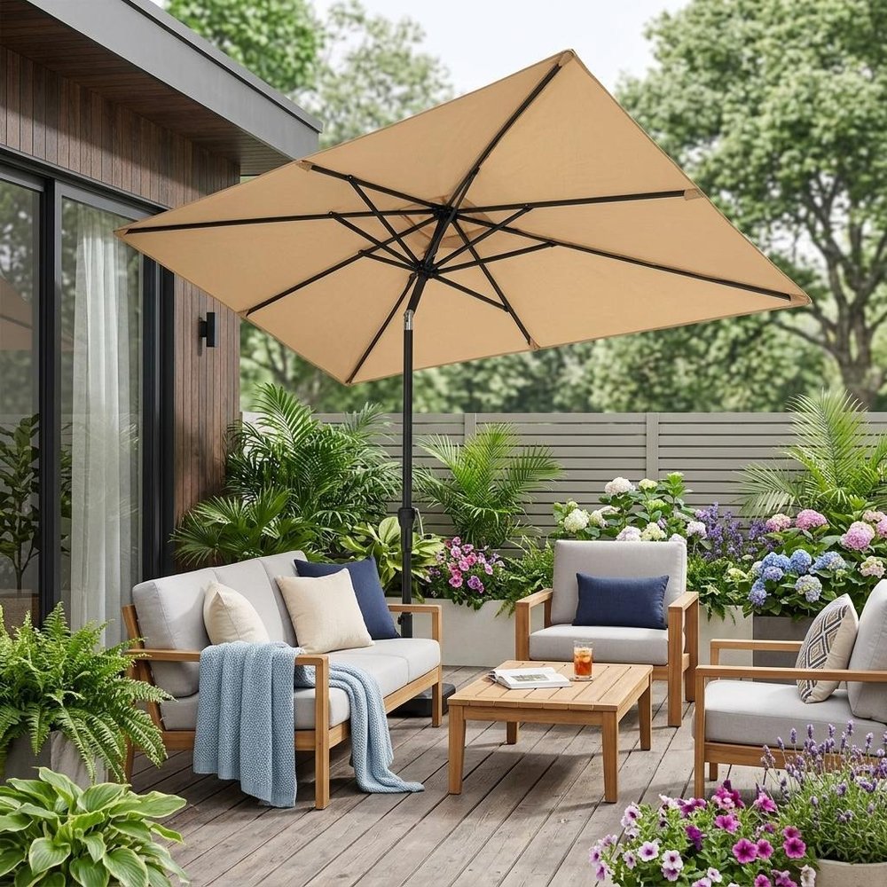 9' Tan Polyester Rectangular Tilt Market Patio Umbrella