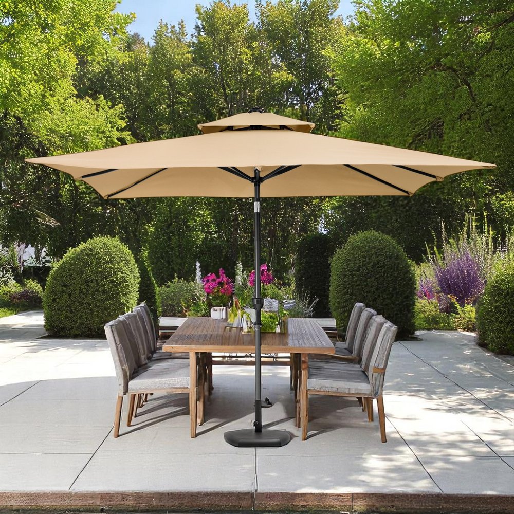9' Tan Polyester Rectangular Tilt Market Patio Umbrella
