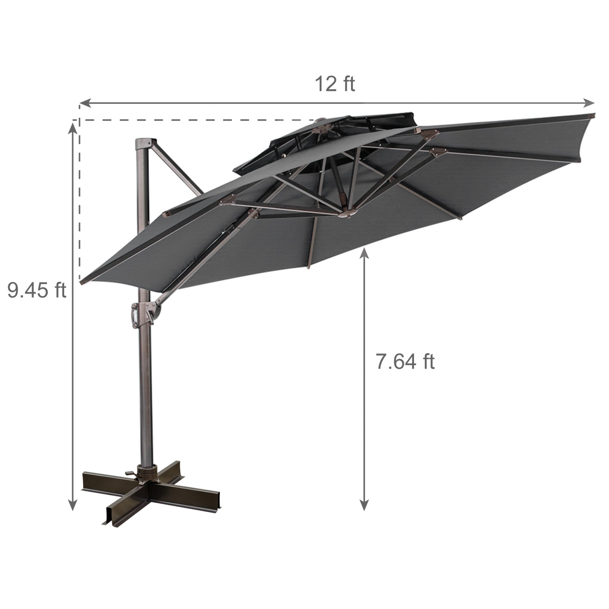 12' Dark Gray Polyester Round Tilt Cantilever Patio Umbrella With Stand