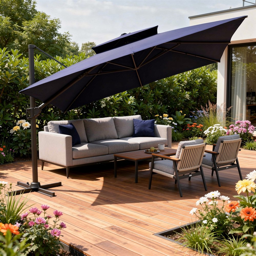 11' Navy Blue Polyester Round Tilt Cantilever Patio Umbrella With Stand