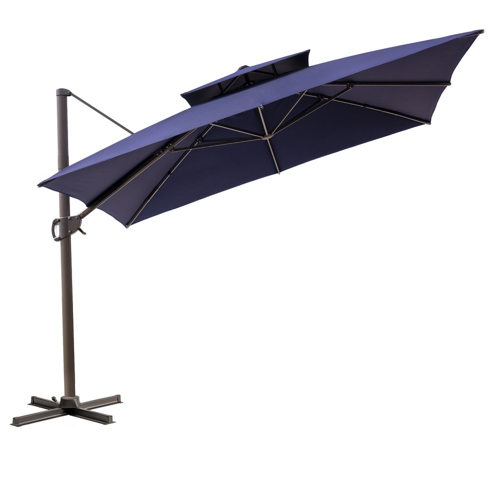 11' Navy Blue Polyester Round Tilt Cantilever Patio Umbrella with Stand
