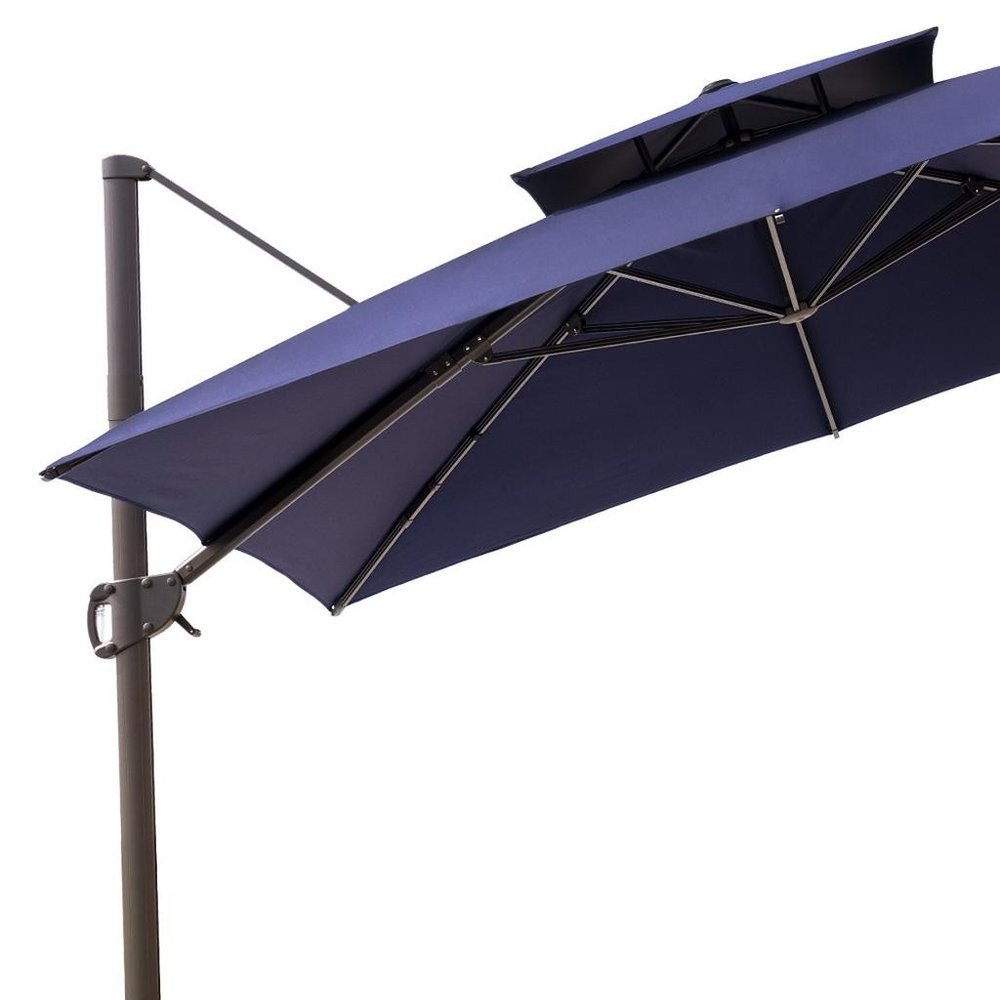 11' Navy Blue Polyester Round Tilt Cantilever Patio Umbrella With Stand