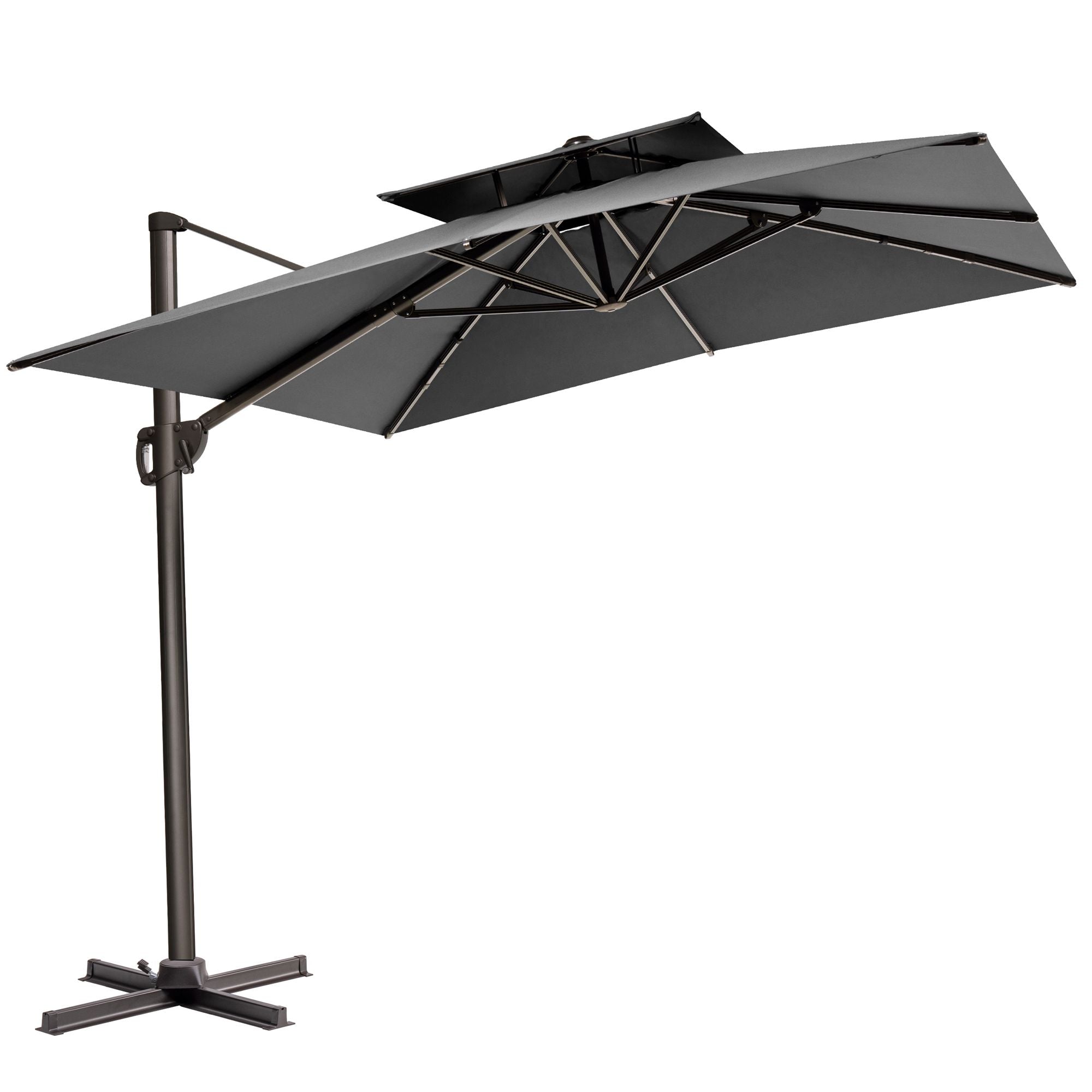 11' Gray Polyester Round Tilt Cantilever Patio Umbrella with Stand